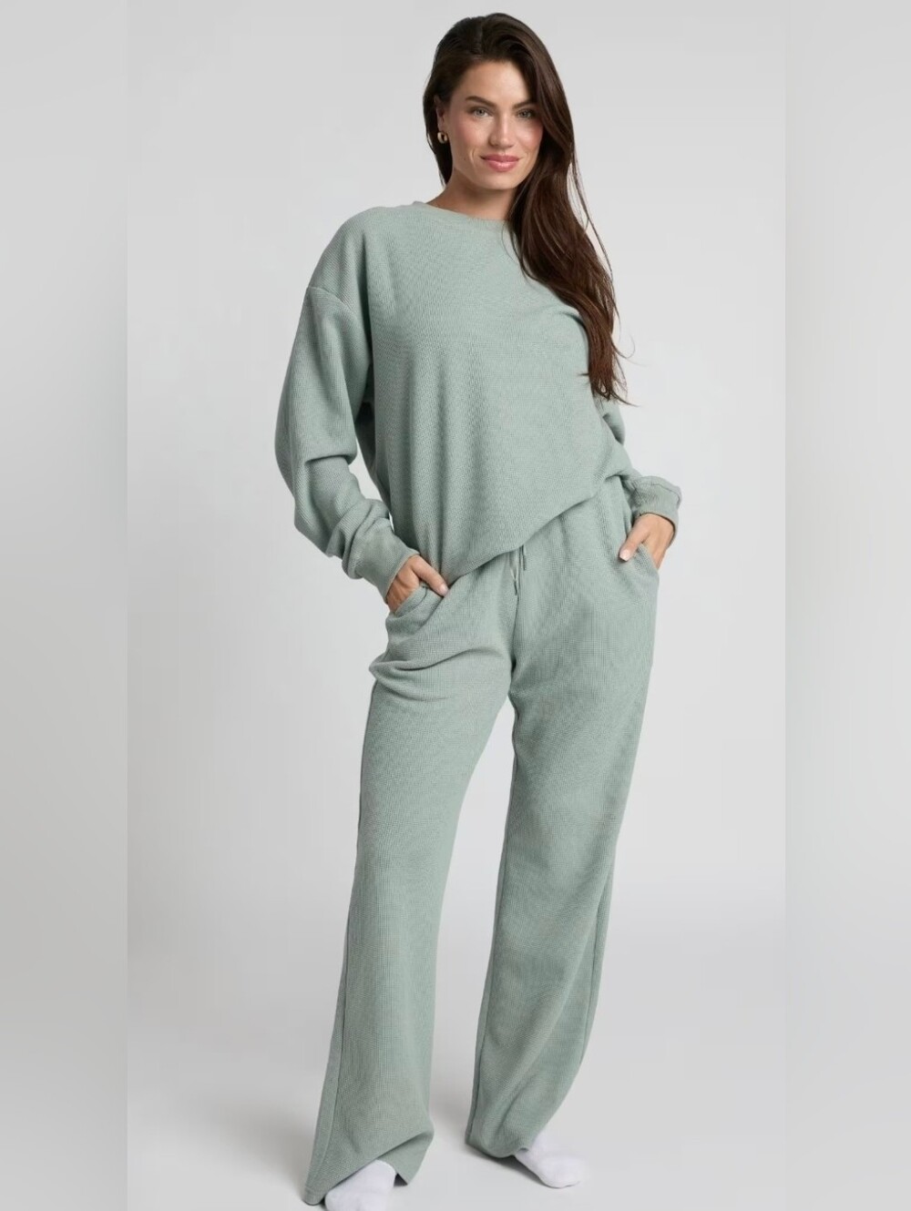 Cozy Rib-Knit Wide-Leg Lounge Pantsuit in Sage